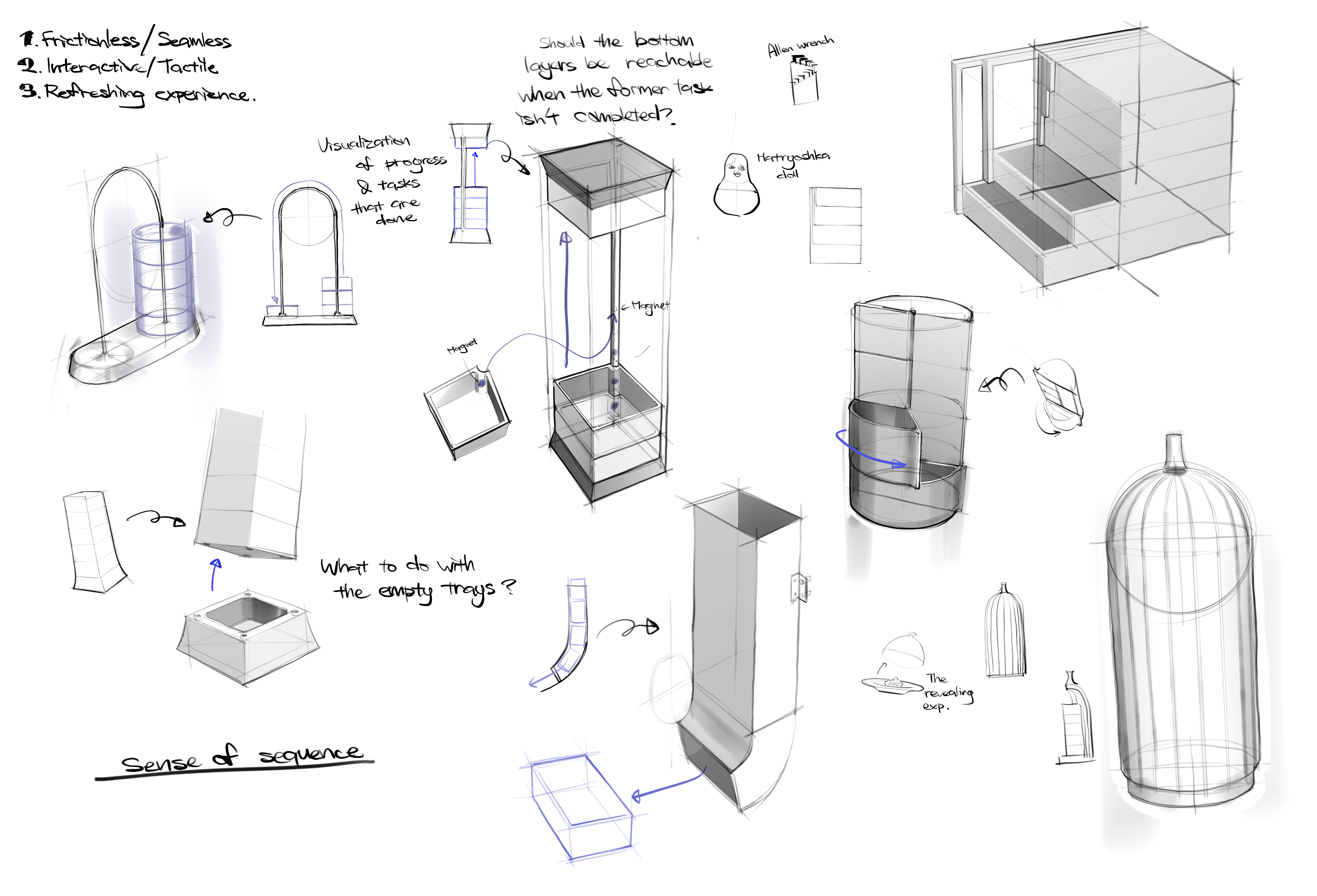 Technical sketch iterations and annotated mechanism diagrams