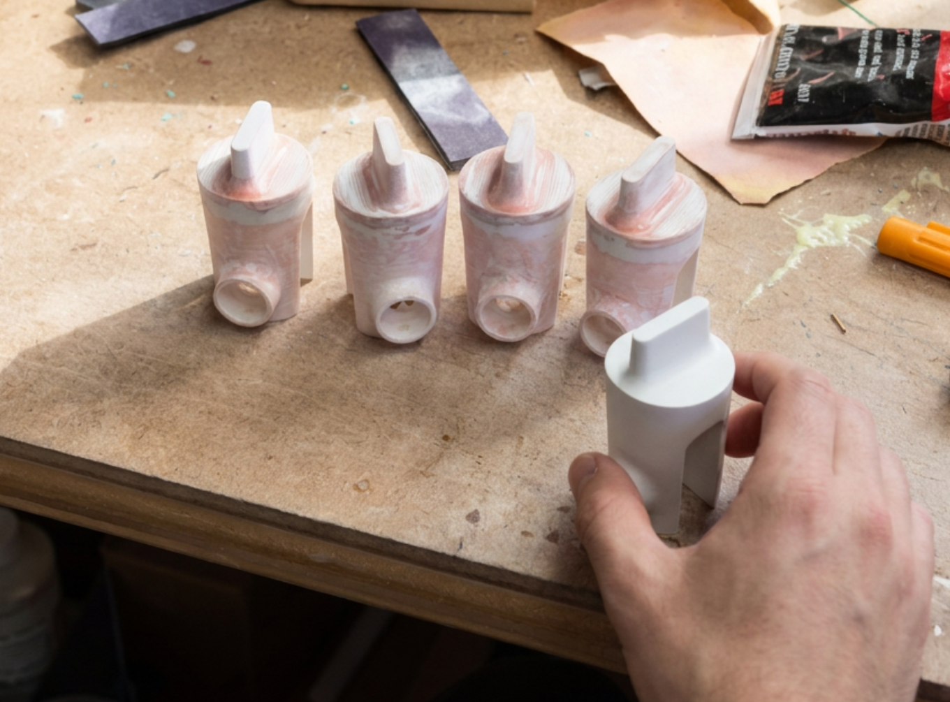 3D-printed components being filled and sanded on a workbench with calipers and putty