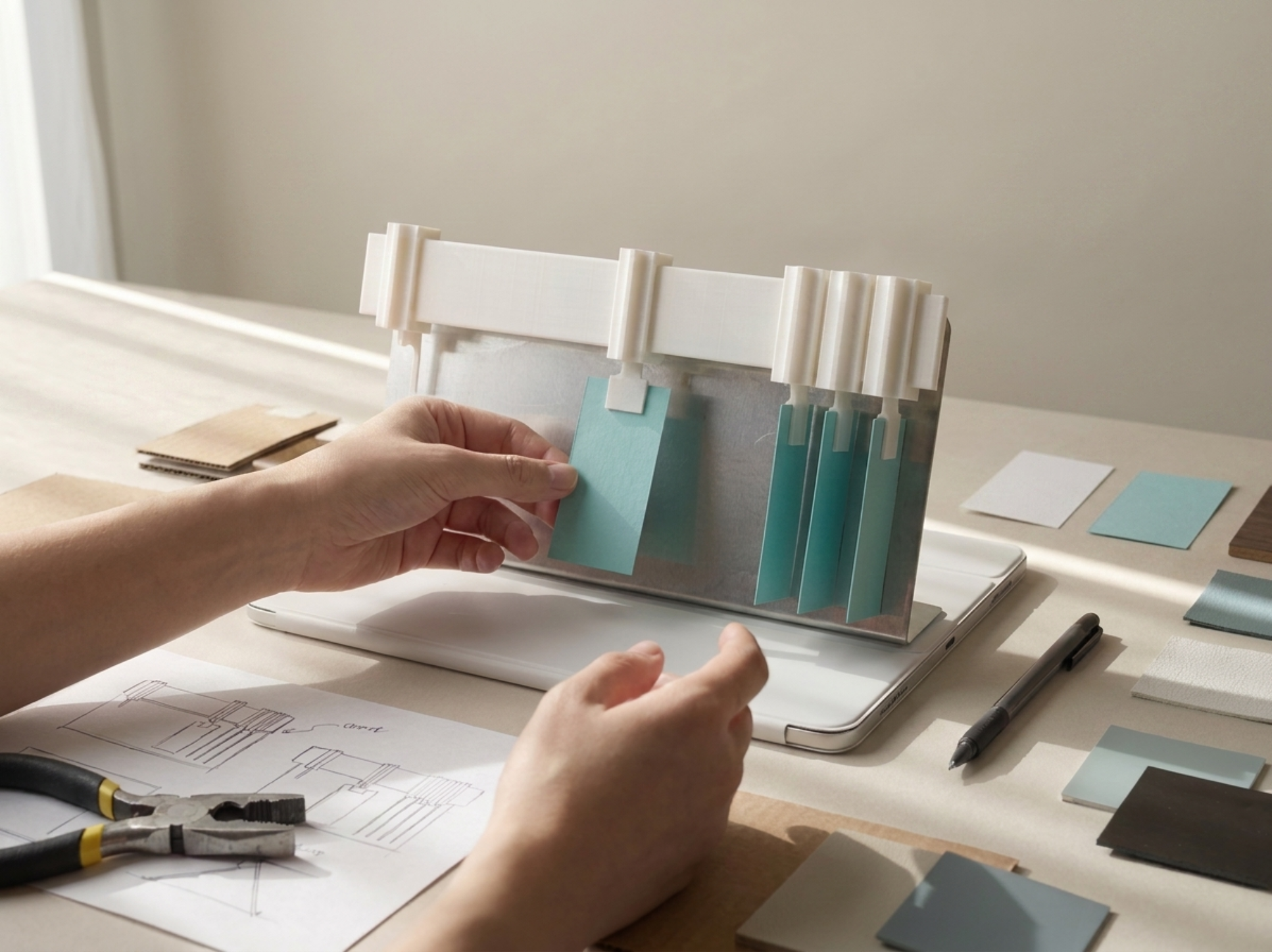 Hands adjusting teal task cards on an early TaMa prototype rail