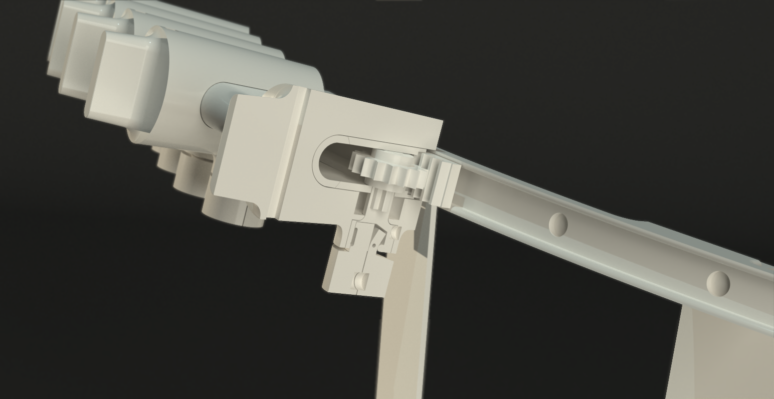 3D render of TaMa sliding rail mechanism on a dark background